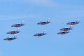 Patrouille de France, the aerobatic display team of the French Air Force Armee de lÃ¢â¬â¢Air flying Dassault-Dornier Alpha Jet E jet Royalty Free Stock Photo